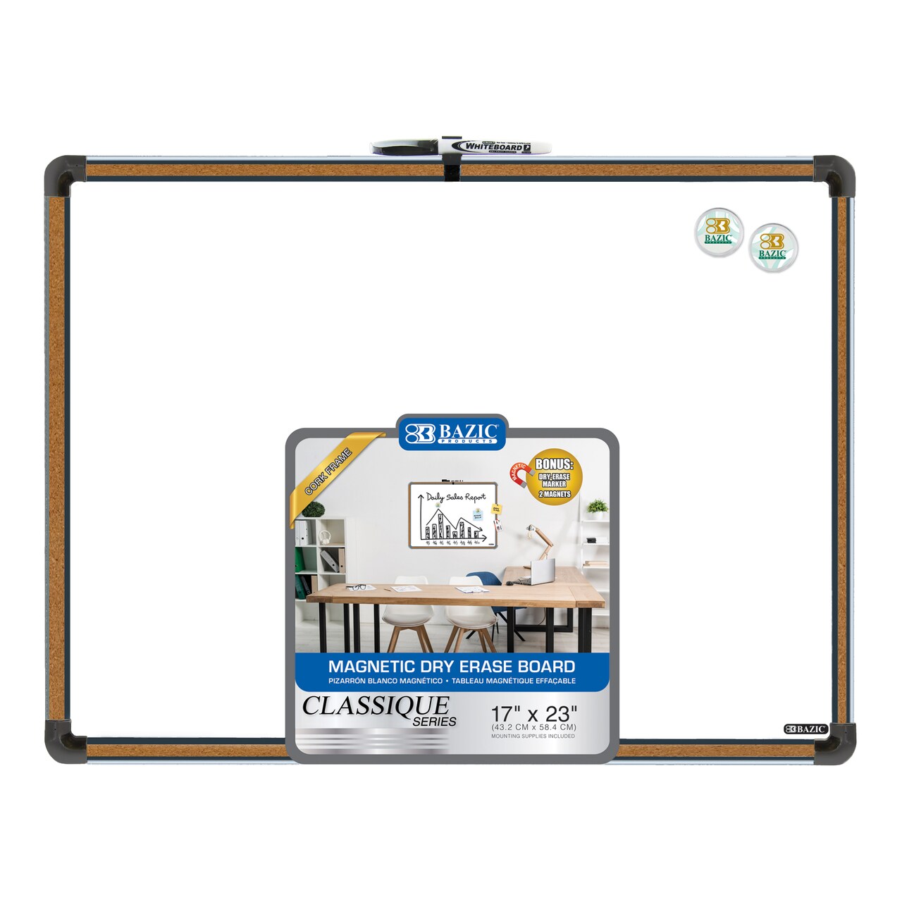BAZIC CLASSIQUE Cork Framed Magnetic Dry Erase Board 17" X 23"